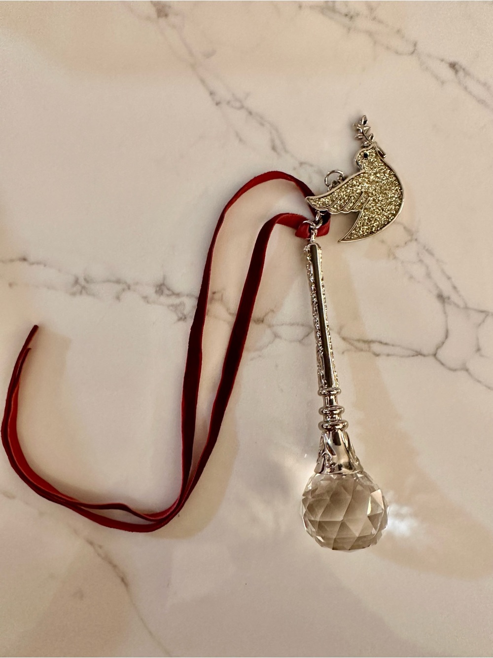 Silver Dove Crystal Drop Ornament with Red Ribbon